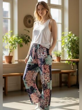 Patchwork Print Wide-Leg Pants - Pink & Teal